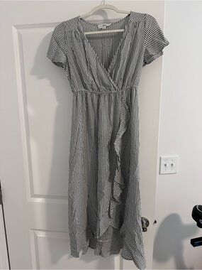 Black and White Striped Wrap Maxi Dress with Ruffle Detail